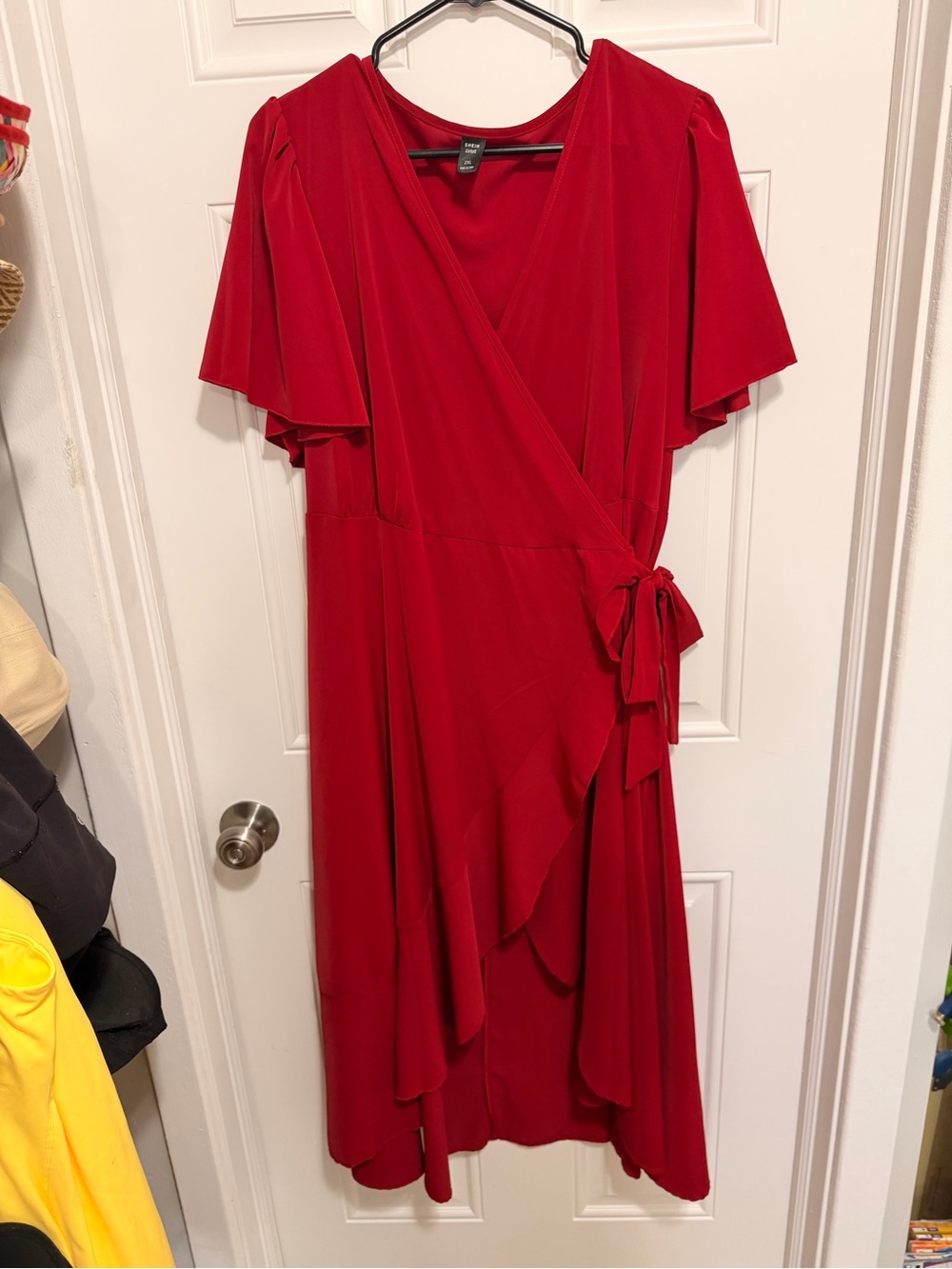 SHEIN Red Wrap Midi Dress with Flutter Sleeves
